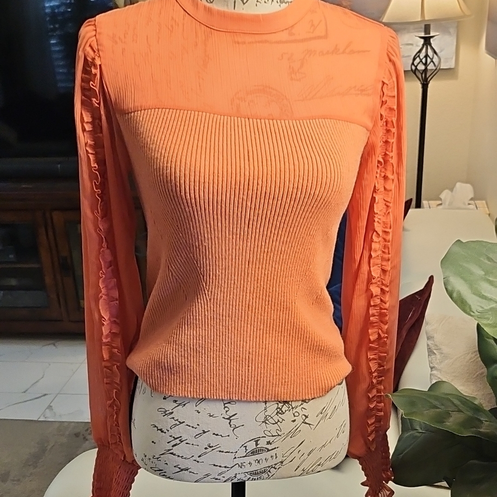 Sam Edelman Orange Ribbed Ruffled Long Sleeve Blouse